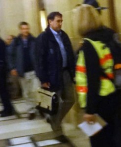 Despite being allowed to actually author the new mining bill, which did not pass the approval of the people, GTACs Bill Williams says Wisconsin is not “welcoming” enough for his company. Williams is seen her leaving the Assembly on January 26, the evening this bill was pushed through, behind the locked doors so ordered by Rep. Bill Kramer (R-ALEC). Photo by Rebecca Kemble