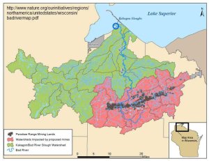 Map of the proposed mine site and the affect surrounding Bad River Watershed. Map: Carl Sack
