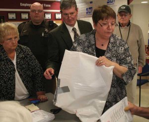 Menomenee Falls ballot bag: winged and duct taped. April 2011 Recount