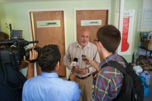 WTDY's Dylan Brogan interviewing Congressional candidate Representative Mark Pocan. Photo:Leslie Amsterdam