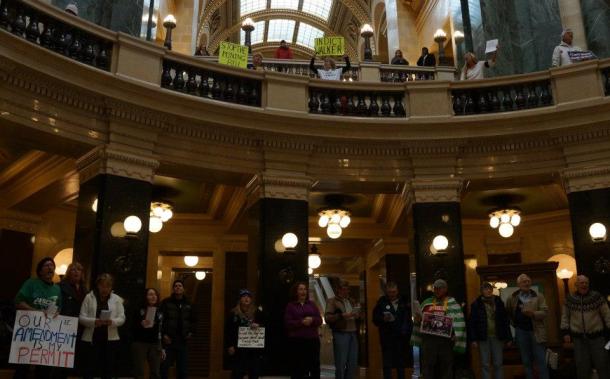 A large turnout for the Solidarity SingAlong on public hearing day for AB1/SB1 on 1/23/13
