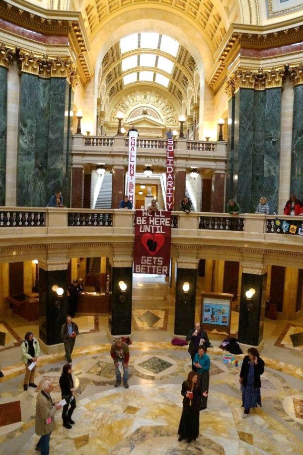 Rep. Chris Taylor at the Solidarity Sing Along. Photo courtesy Leslie Peterson.
