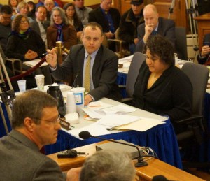 Rep. Fred Clark (D-Baraboo) in the back row listening to testimony from GTac at the 1/23/13 mining hearing.
