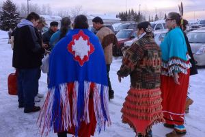 The listening session was opened by drumming and dancing from members of the Bad River and Red Cliff bands of Lake Superior Chippewa.  Jackie Rose, Esie Leoso and Edith Leoso are seen dancing while band members drum.