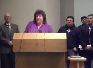 Red Cliff Tribal Chair Rose Soulier addressing the press conference in Ashland.