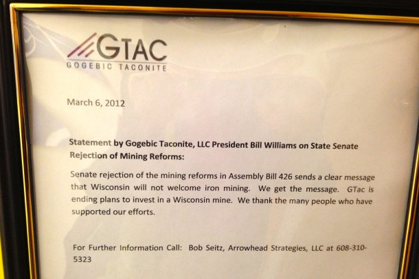 GTac lobbyist Bob Seitz statement on the 2012 failure of a mining deregulation bill.