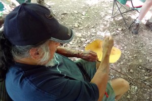 Camp host Melvin Gaspar sewing a birchbark basket with deer sinew.