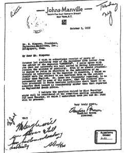 Copy of Johns-Manville's response to Raysbestos-Manhattan, dated October 3, 1935 stating that their interests are best served by having asbestosis receive the "minimum of publicity." Document courtesy Jill Kakauski.