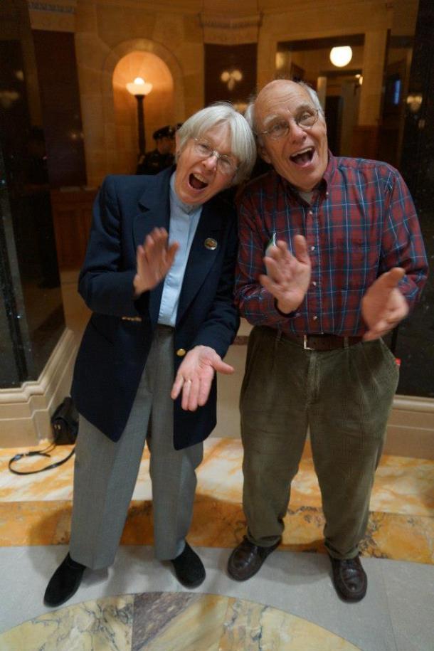 April 30, 2013 Joan and Tom Kemble sing at Solidarity Sing Along.  Both octogenarians would be arrested for this very activity later in the year.