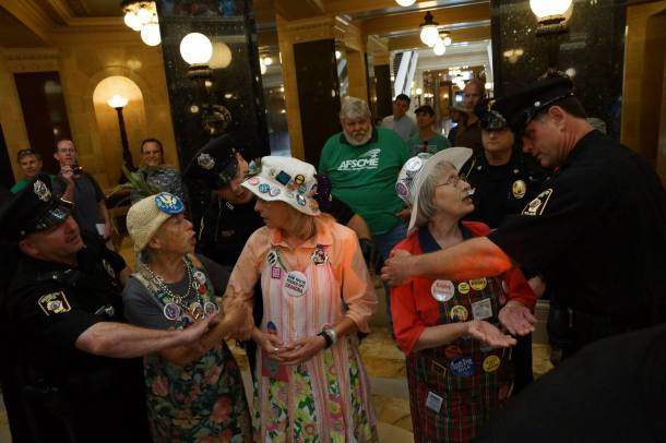 August 15, 2013 Three of the Raging Grannies of Madison arrested