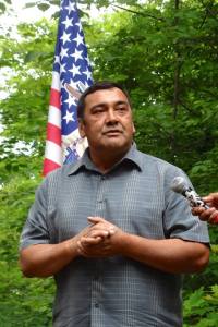 Lac Courte Oreilles Vice-Chairman Rusty Barber speaking at a press conference from HELP, July 30, 2013. Photo: Rebecca Kemble