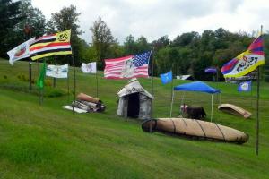 Flags representing the tribe of the Lake Superior Band of Chippewa taken at the Penokee Hills Education Summit last September. Photo: Rebecca Kemble