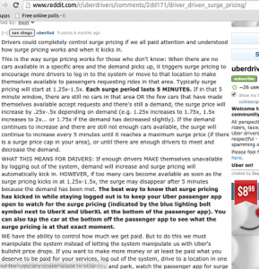 A recent post on Uber’s Reddit page detailing how Uber and their drivers manipulate surge pricing.