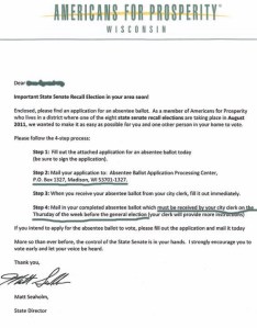 Mailer from Americans for Prosperity with incorrect information about when the absentee ballots are due back to clerks.