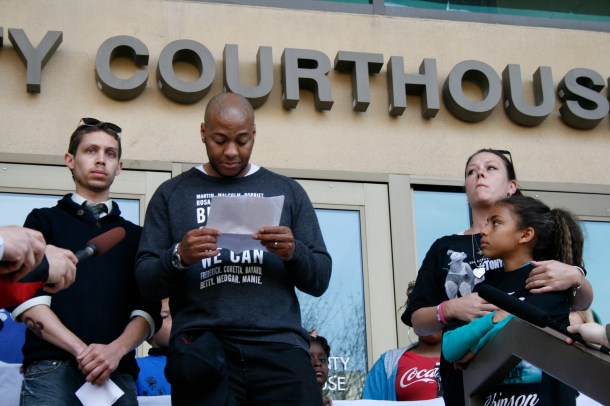 Jerome Flowers, along with Andrea Irwin, Tony Robinson's mother, at the press conference.