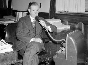 Henry Wallace dispenses with the services of a stenographer and instead uses a dictaphone when preparing his speeches. Photo: Harris & Ewing, 1937