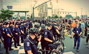2012 DNC Convention, police stop a protest march on the Convention. Photo: Jenna Pope