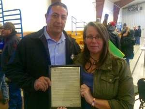 Delivering the City of Madison resolution expressing solidarity with Indigenous Resistance to the Dakota Access Pipeline to Standing Rock Tribal Chairman David Archambault II after a 6-hour Tribal Council meeting.