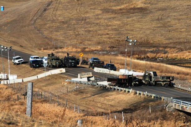 Backwater bridge just north of Oceti Sakowin Camp on route 1806 has been blocked since late October. 